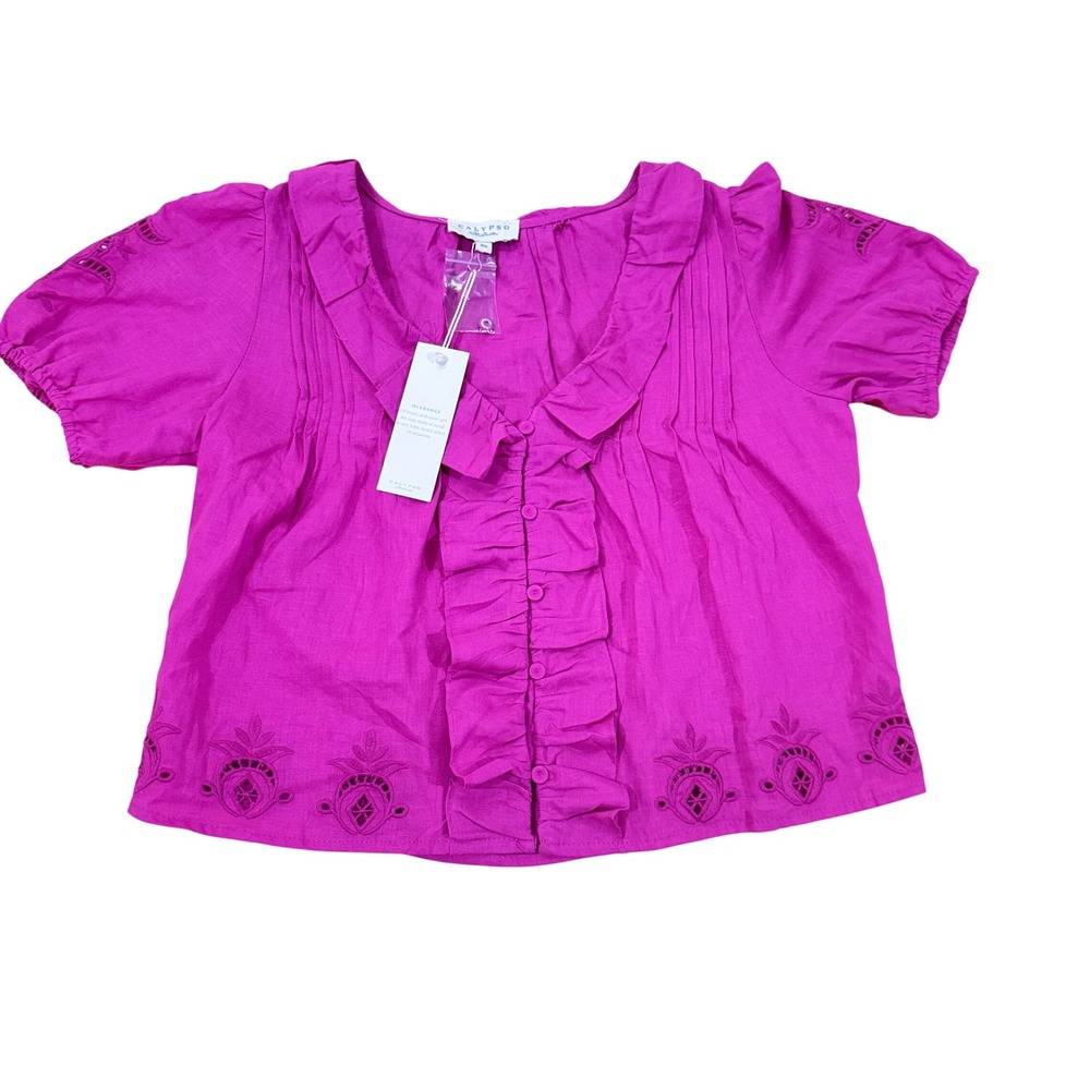 Calypso St. Barth Women Pink Linen Blend Ruffle Eyelet Blouse Size XS NWT Flaw